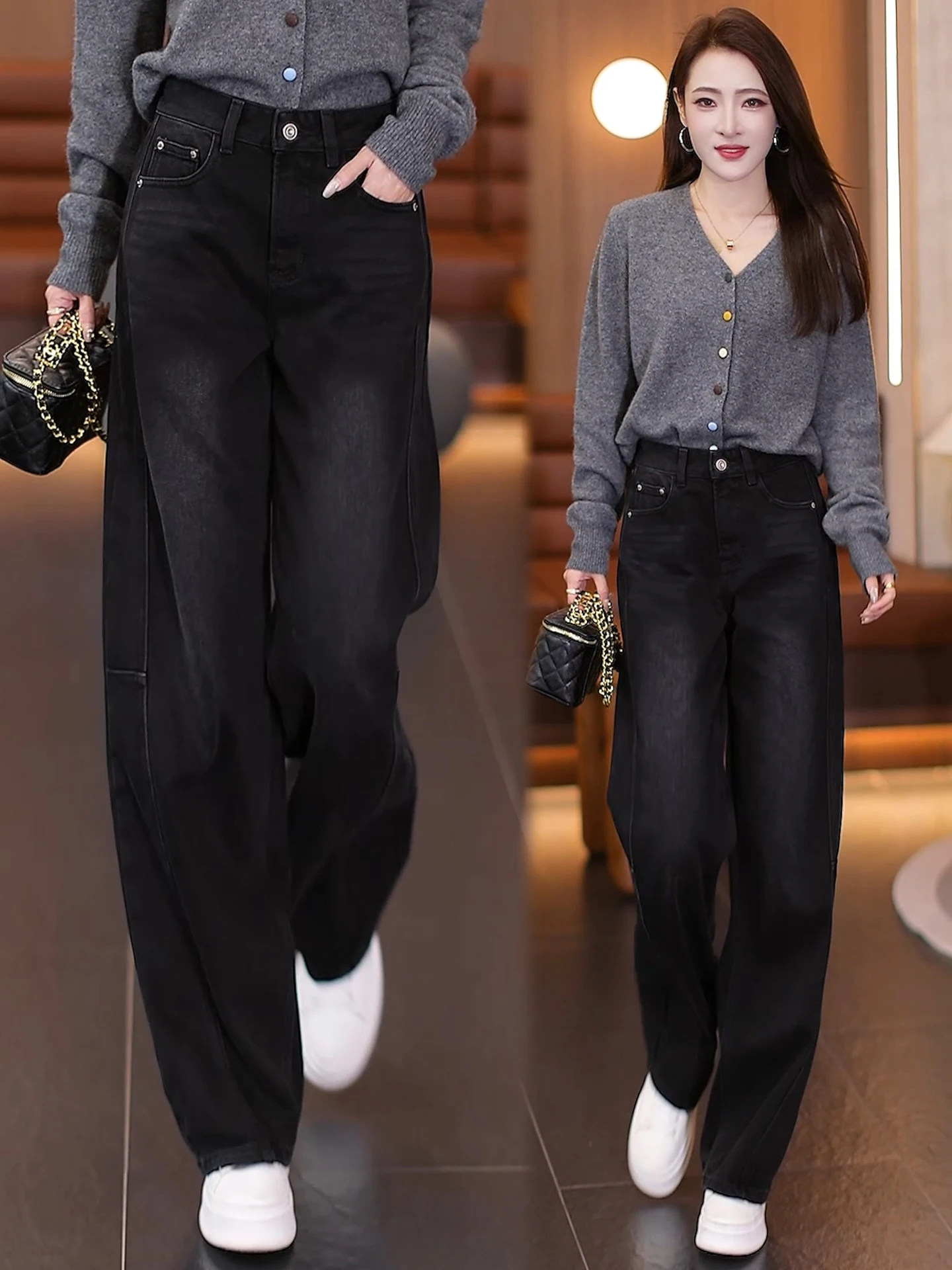 

High Waist Flared Denim Jeans Women's Autumn Winter New Style Fleece Lined Straight Leg Pants Slimming Effect Casual Cotton B...