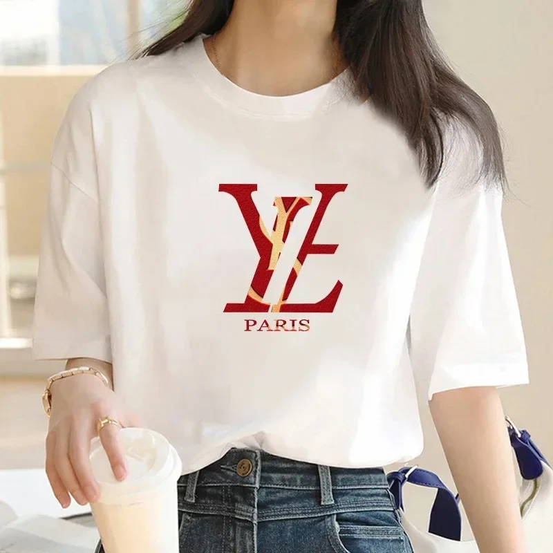 Luxury Brand Paris Print Y2k T-shirt For Women's Summer Oversized Ladies Short Sleeved Tees Clothing Loose Pure Cotton Soft Tops