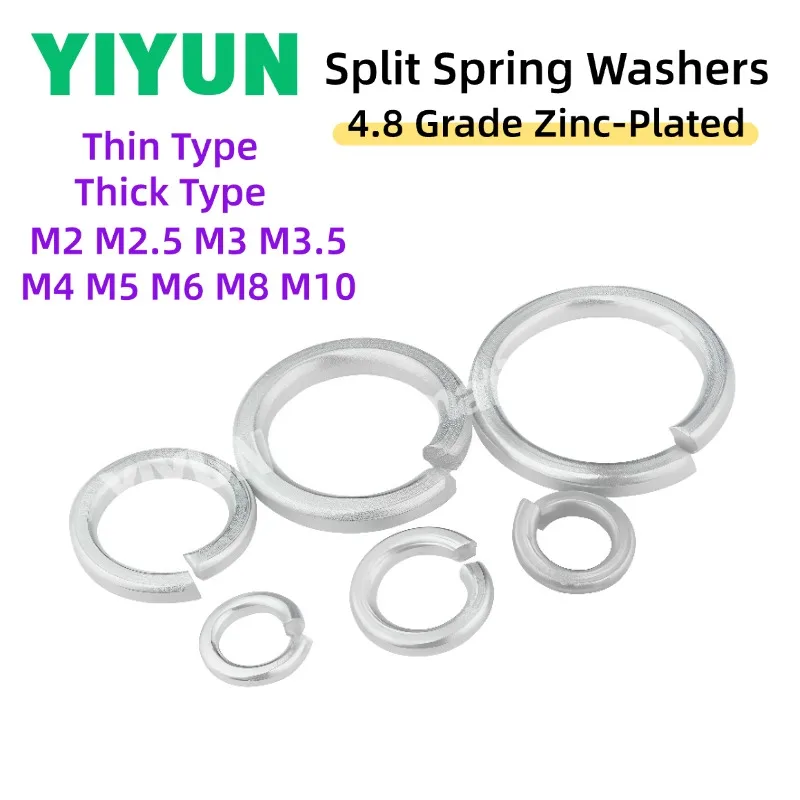 20-500pcs M2 M2.5 M3 M3.5 M4 M5 M6 M8 M10 M12 M14 M16 M18 M20 M24 4.8 Grade Zinc-Plated Steel Split Spring Washers Gaskets