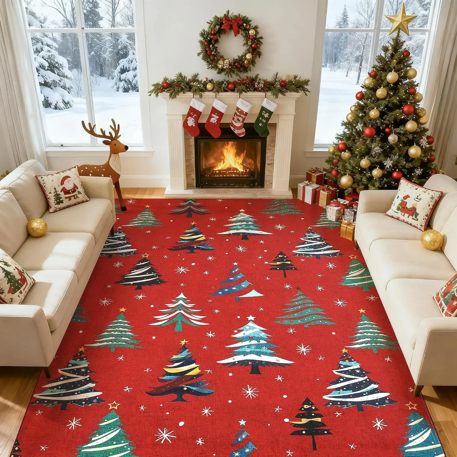 Garvee Area Rugs Christmas Snowflake Area Mat with Xmas Tree Pattern Living Room Bedroom Decoration Holiday Home Decoration Non Slip Low Pile Washable Rug
