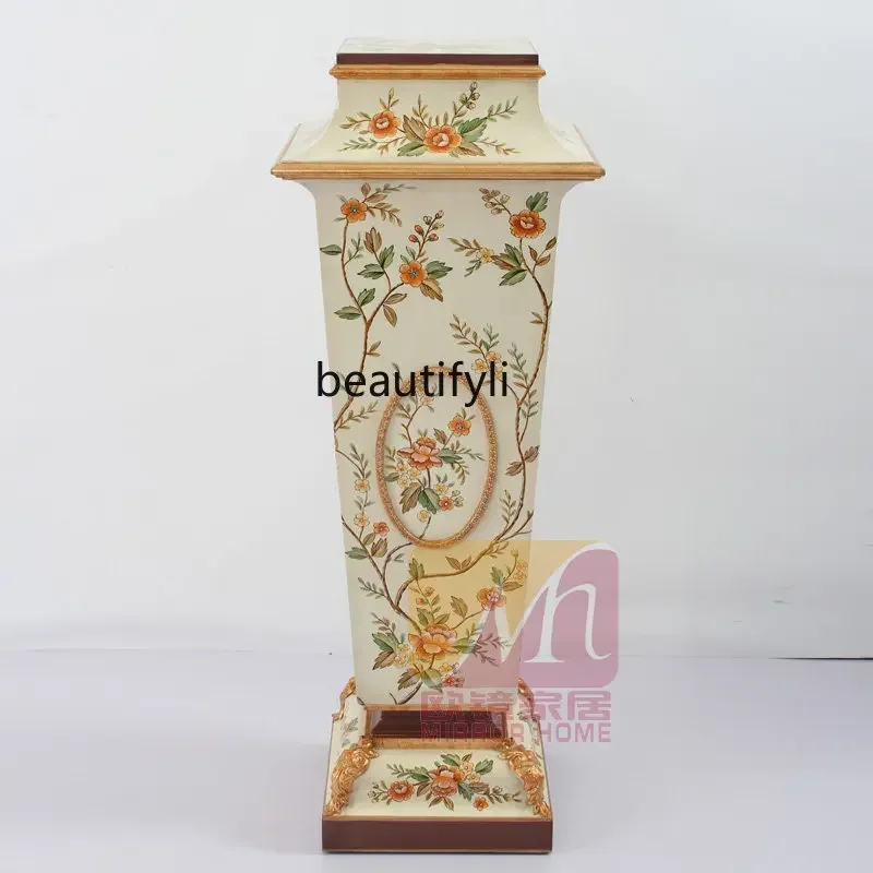 

European retro gold old flower table wooden flower stand hand-painted plants and flowers, decorative corner table6239