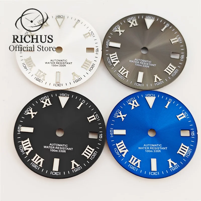 RICHUS 29mm Sterile Black White Gray Blue Roman Numeral Watch Dial Fit NH35 Movement Fit 3 O\'Clock Crown 3.8 O\'Clock Crown