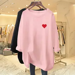 Women's Clothing Fashion Love Pure Cotton Long Sleeve T-shirt Autumn O-neck Long Sleeve Casual Loose Top Tee Oversized Pullovers