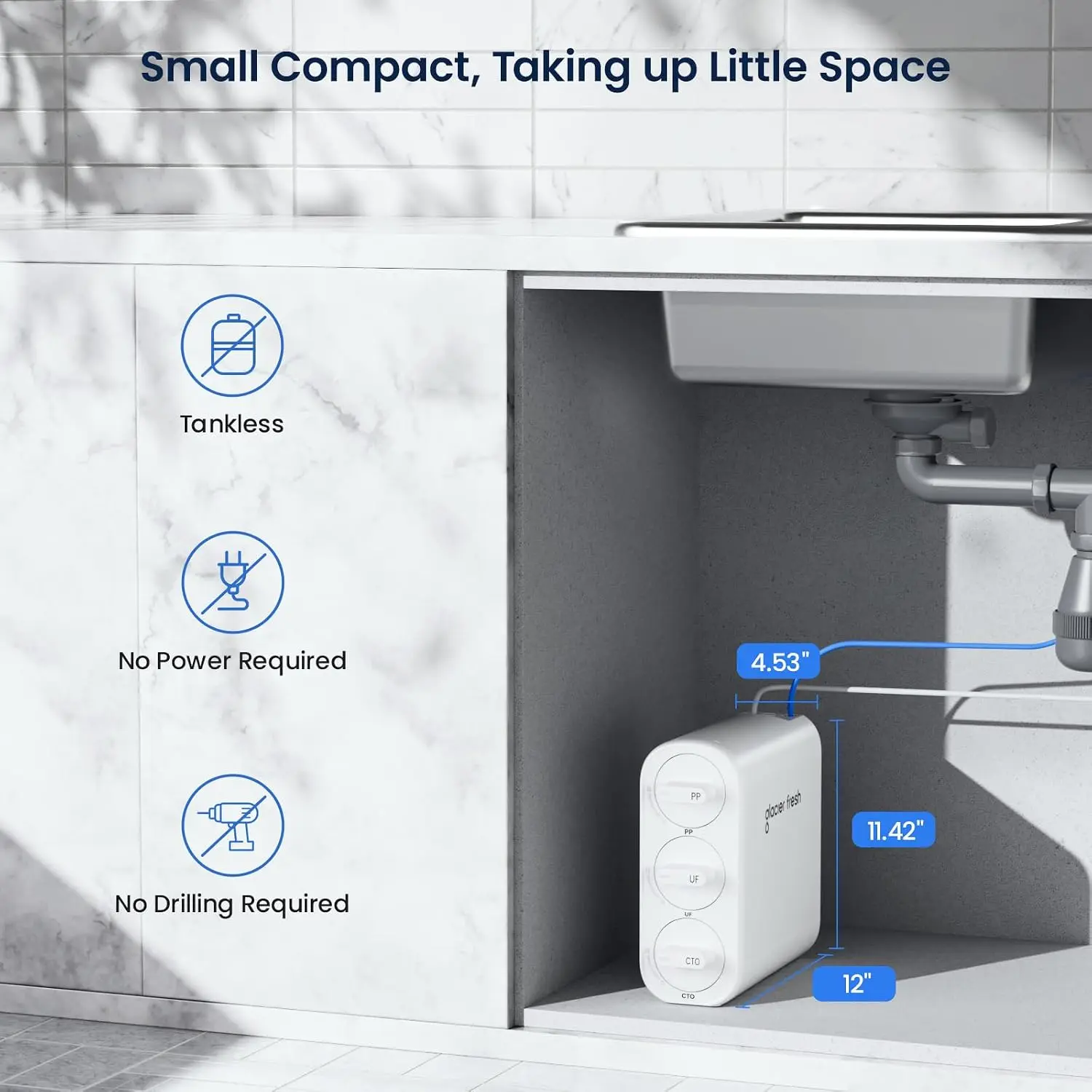 GFU06 0.01μm Ultra Filtration Under Sink Water Filter System | Tankless Ultra Compact Design, No Electricity & Waste Water