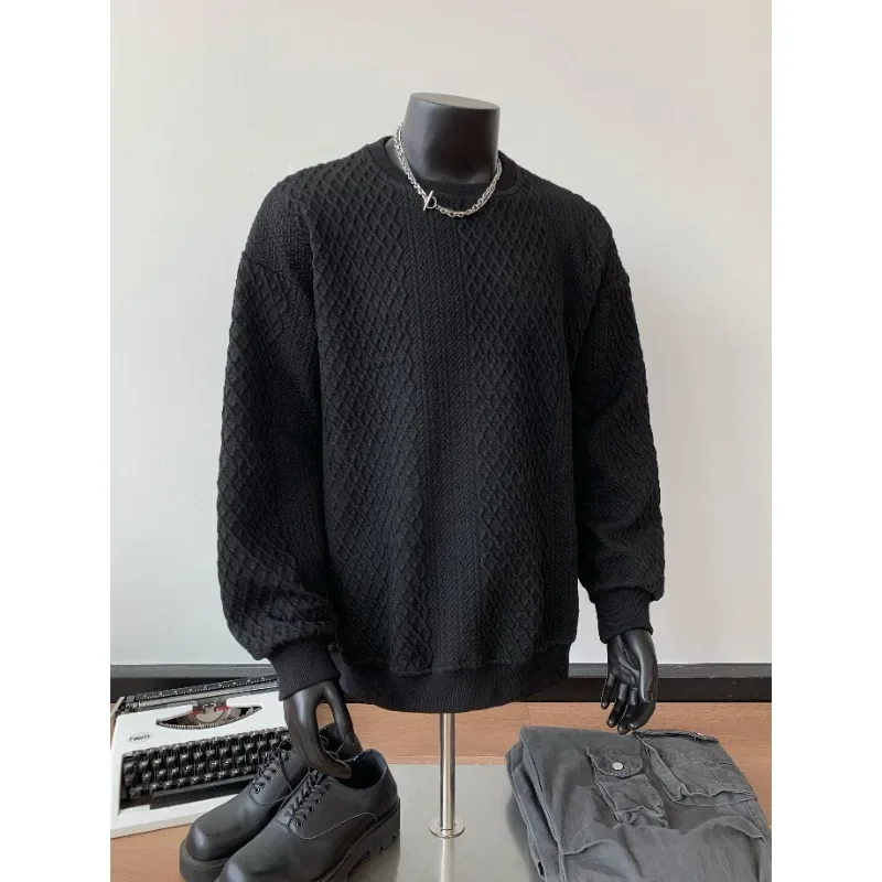 

Поп весенне-осенняя новая мужская однотонная свободная футболка с круглым вырезом и длинным рукавом, модные футболки с вафельным ромбовидным рисунком Harajuku