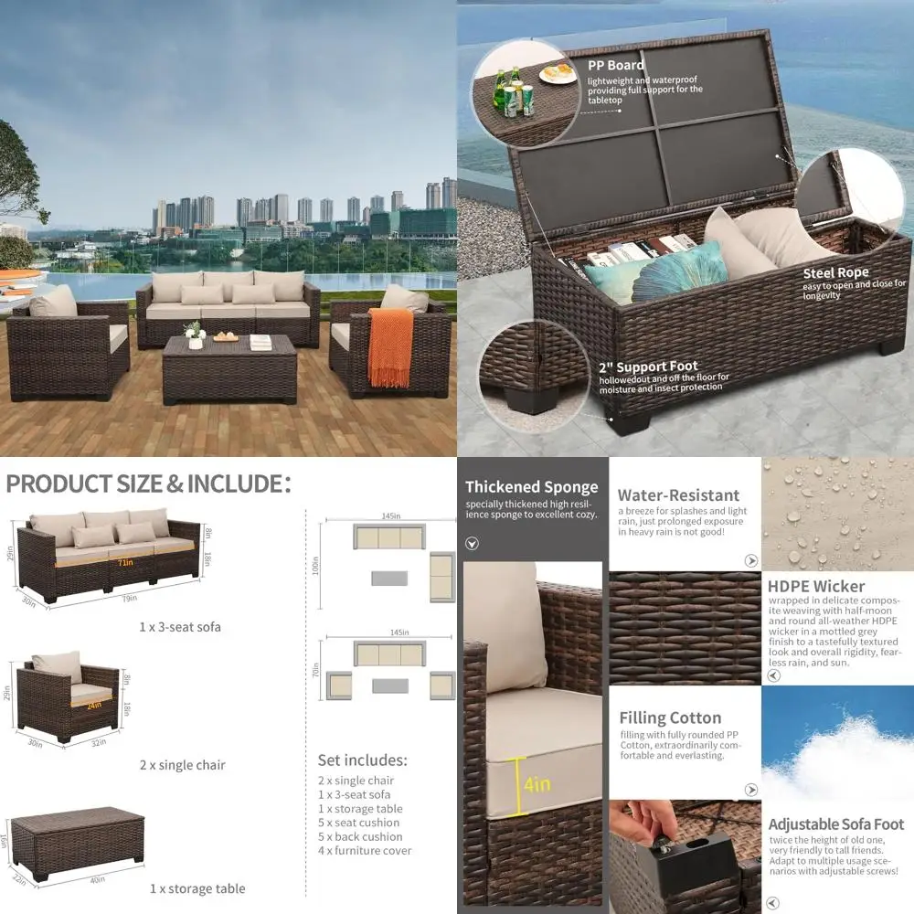 

4-Piece Outdoor Patio Furniture Set with Storage Table, Anti-Slip Cushions, Waterproof Chairs