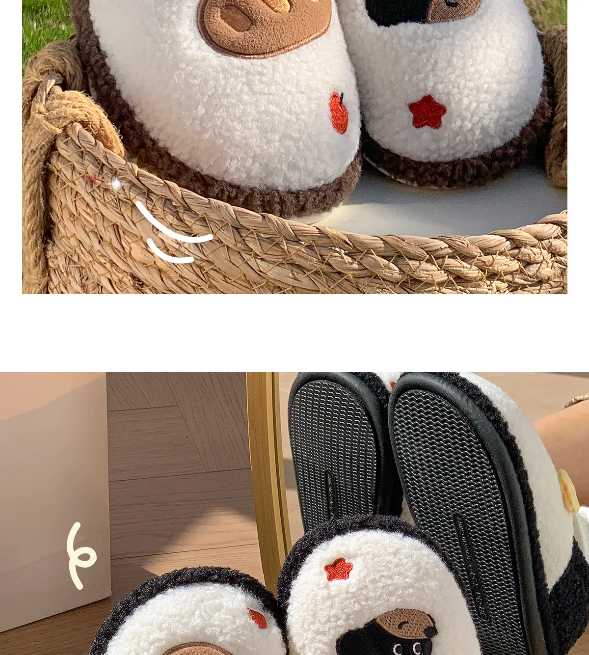 Damen-Hausschuhe mit Cartoon-Hundemotiv, geschlossener Rücken, warm, flauschig, weich, dicke Sohle, rutschfest, für den Winter, für drinnen. – Detail 12