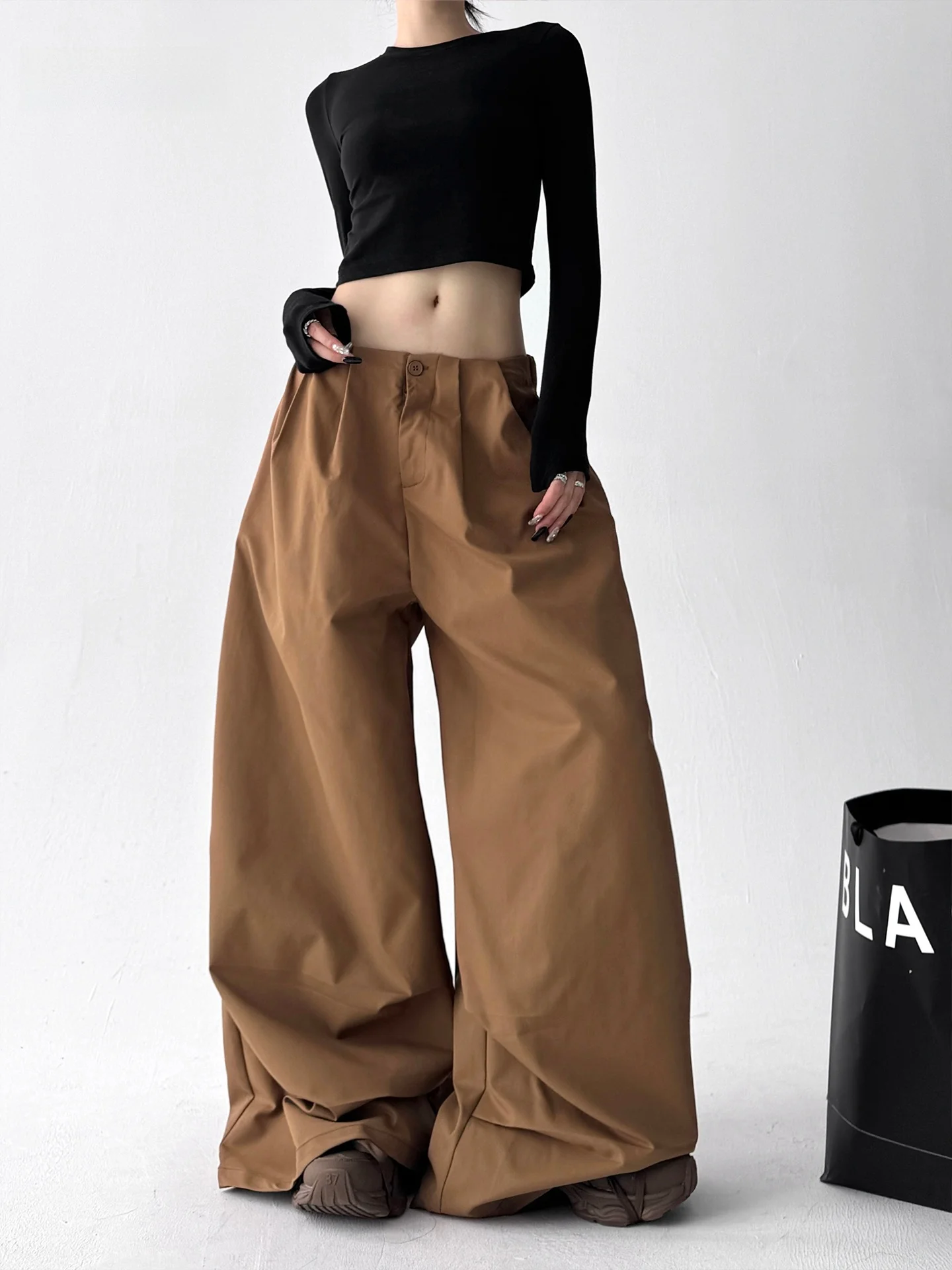 Plones de Trabajo de Cintura Alta y Pierna Ancha de Diseño Original para Mujer, Estilo Nuevo de Otoño, Plones Casu...