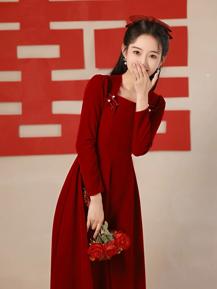 

Autumn Winter Red Wedding Dr Long Sve Engagement Ceremony Dr Women's Return Home New 2025 Winter New Sle