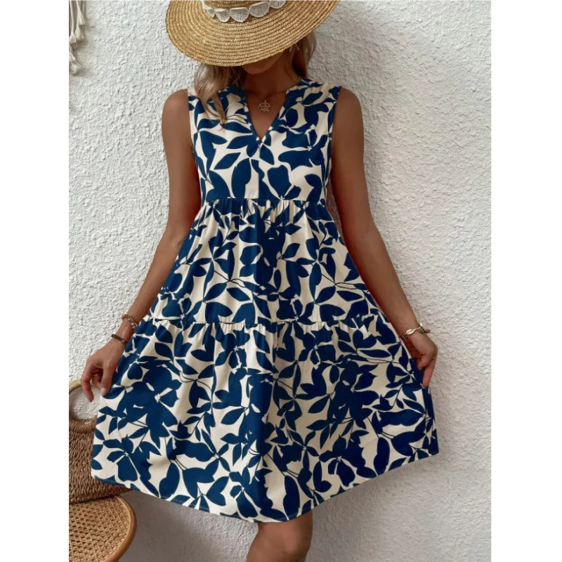 Moda com decote em v sem mangas boho impressão mini vestido feminino 2023 verão casual solto plissados vestidos curtos para mulheres