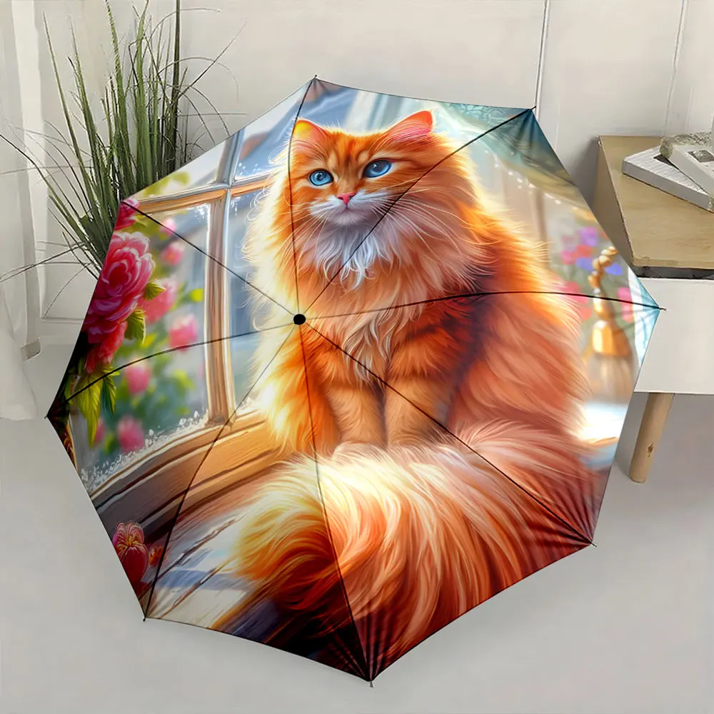 1PC Charming Cat Design Umbrella with Floral Background Print 8 Iron Ribs Folding Umbrella Auto-Open Fashion Sunshade