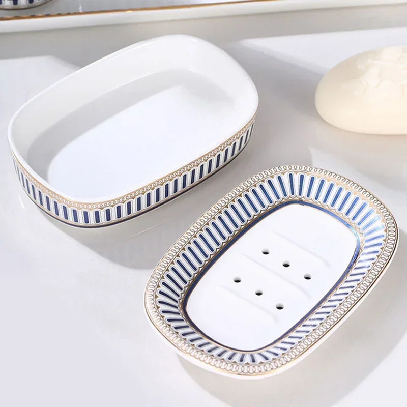 Nordic Home and Hotel Gold Inlay Double Layer Soap Holder Bathroom Ceramic Soap Dish with Drain Bathroom Accessories 2024