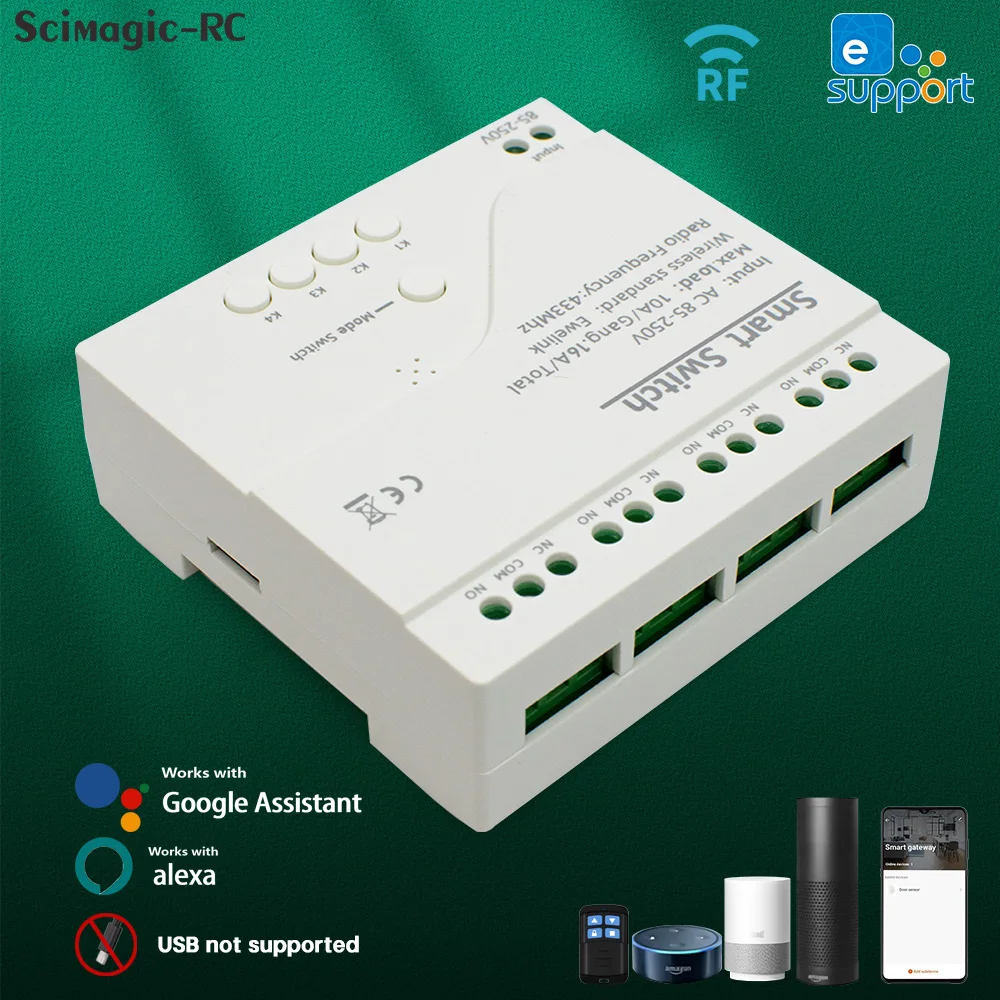 EWeLink 4CH WiFi Smart Relay 12V 24V 110V 220V 230V 10A Dry Contacts Motor Light Lamp Switch for Alexa/Google Home Automation