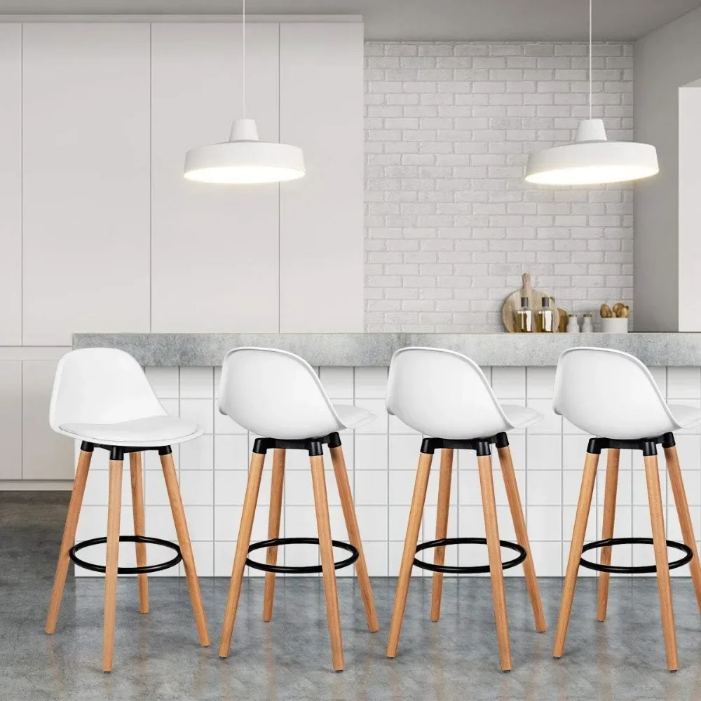 Bar Stools Set of 4, Modern Armless Kitchen Stool with Soft PU Leather Seat, Bar Height Stool with Round Metal Footrest (White)