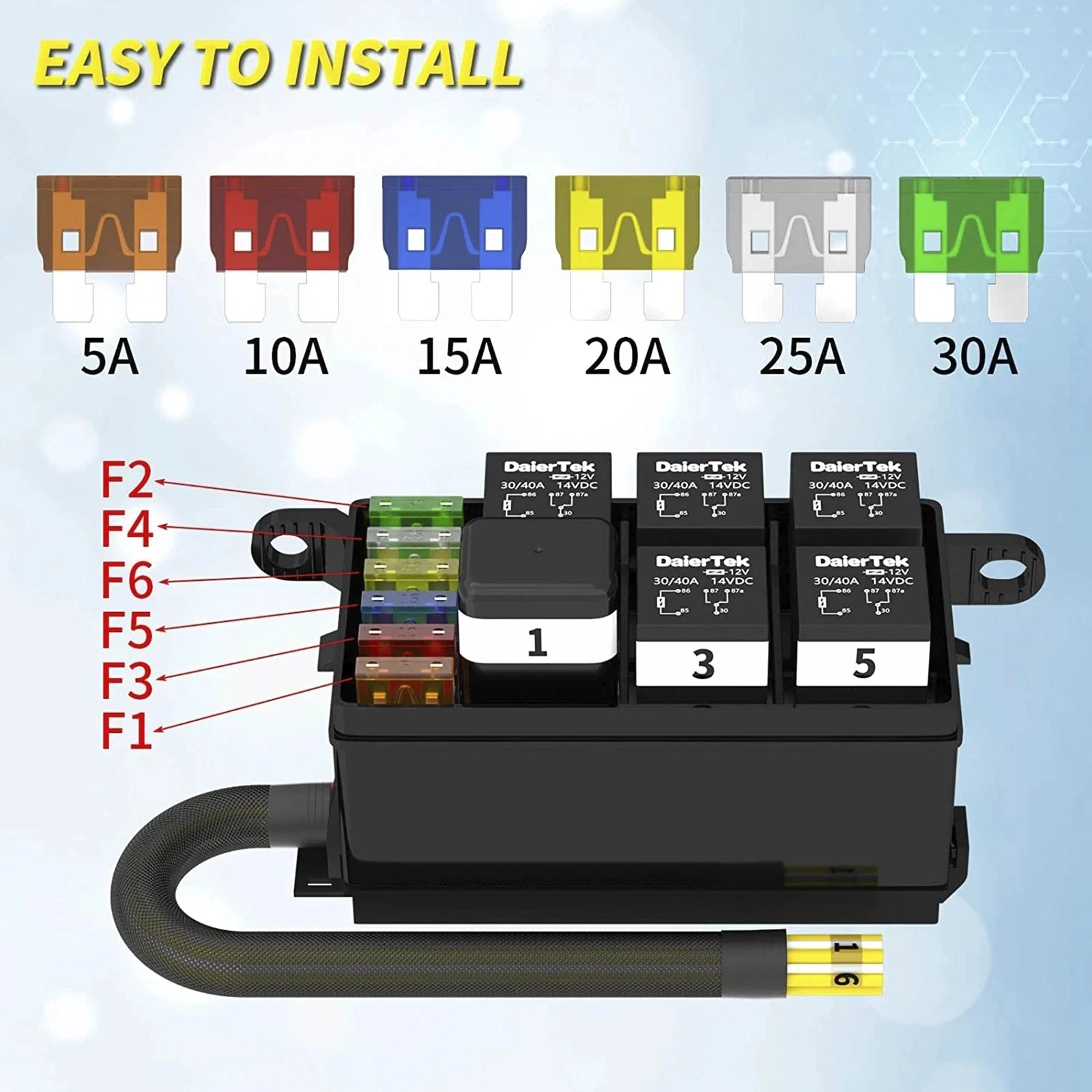 12V 6Way Fuse Relay Box Kit  Dust Tape Pre-Wired 4 5Pin 40A Professional ATC/ATO Fuse Holder General Motors New Energy Bus Truck