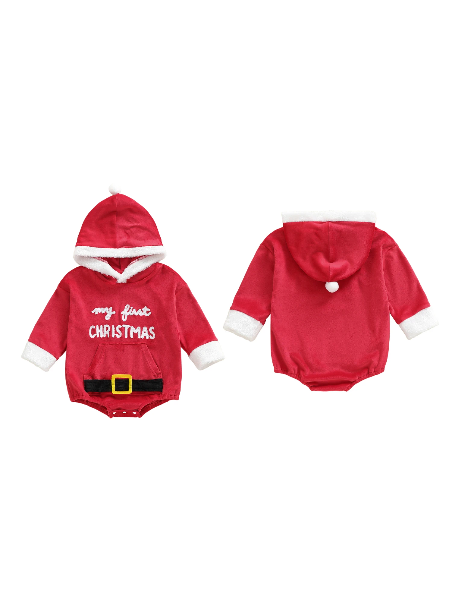 Świąteczny kombinezon niemowlęcy z długimi rękawami i kieszenią z przodu z haftowanymi literami - świąteczny strój Świętego Mikołaja dla noworodków