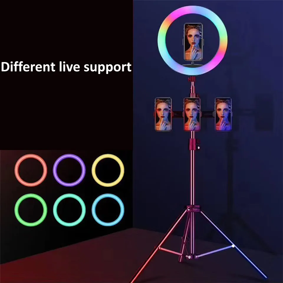 HKNZ 10'' RGB Ring Light With Phone 1.6m Tripod Stand Kit Camera Photography Video Recording Selfie LED light with Phone Holder