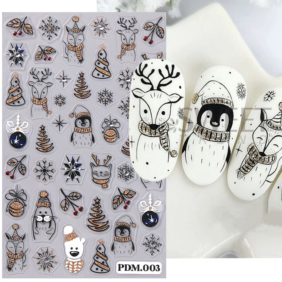 Glitter 5D Winter Christmas Nail Stickers White Silver Elk Penguin Cat Bell Snowflake Bow Light Ball Stripe Line Nail Decoration