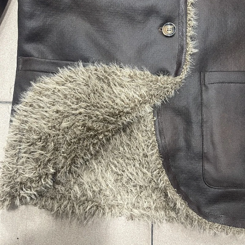 Braune Revers-Kunstpelzjacke, Zwei-Wege-Kleidung, Leder und Pelz-Plüschmantel, warme Pelzjacke aus Kunstwolle, flauschige einreihige Mäntel