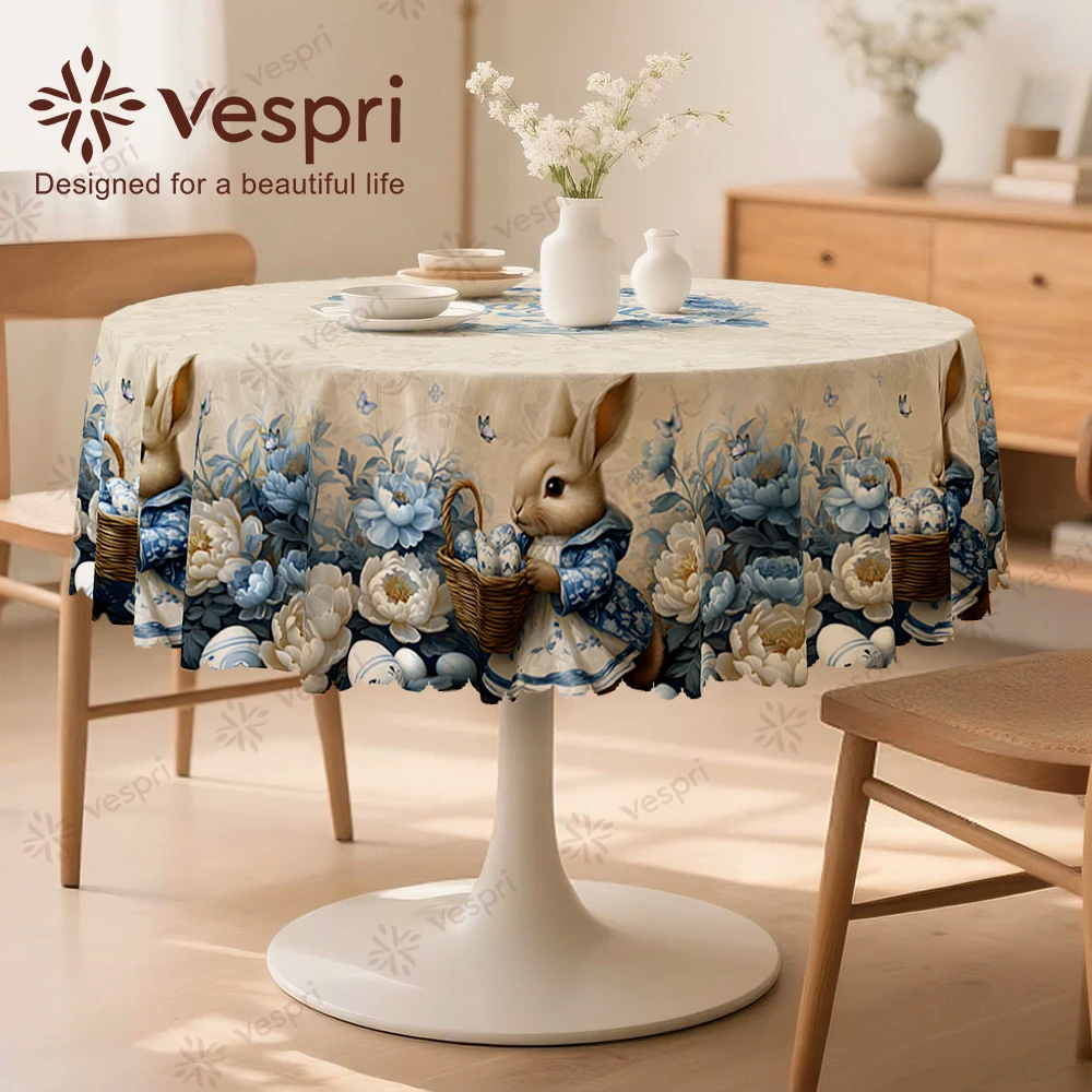 Vespri Easter Tablecloth Decor with Rabbit Flower Butterfly for Restaurants Parties Round Rectangle Oval White Blue