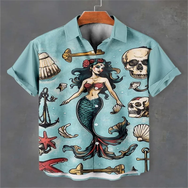 2025 Summer Mermaid Couple 3D Printed Shirt Comfortable Polyester Fiber Hawaii Trendy Men's Short Sleeve Top