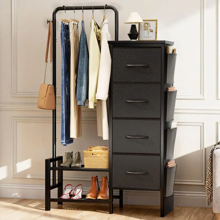 Cómoda con estante colgante, 4 cajones, 4 bolsas laterales, cómoda de tela con estantes inferiores, 52 perchero alto para mujer