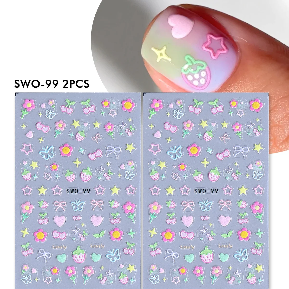 2 stuks zoete element nail art stickers eenvoudige bloem hart kersen aardbei kawaii stickers kleurrijke boog vlinder manicure sliders