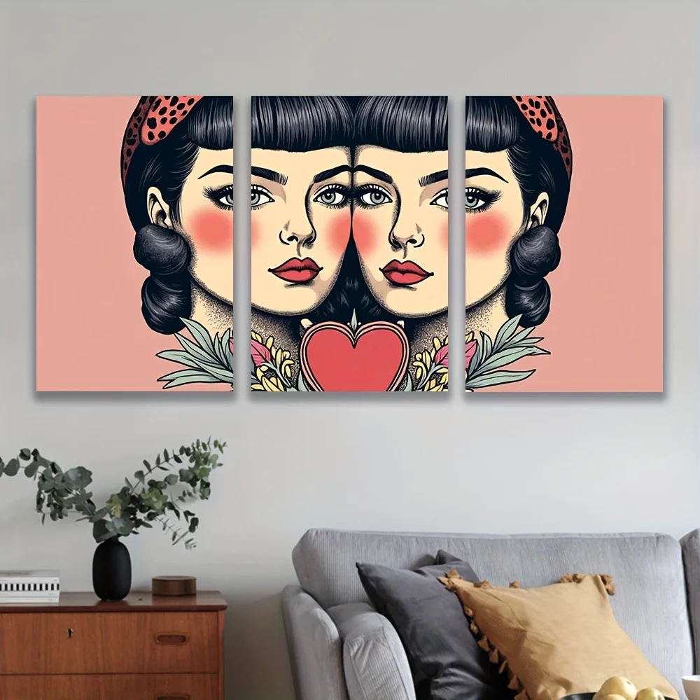 Toile d'art mural sans cadre, 3 pièces, «la femme léopard», conception de cœur Floral peinte par pulvérisation vibrante, décor Art déco Vertical pour Livi