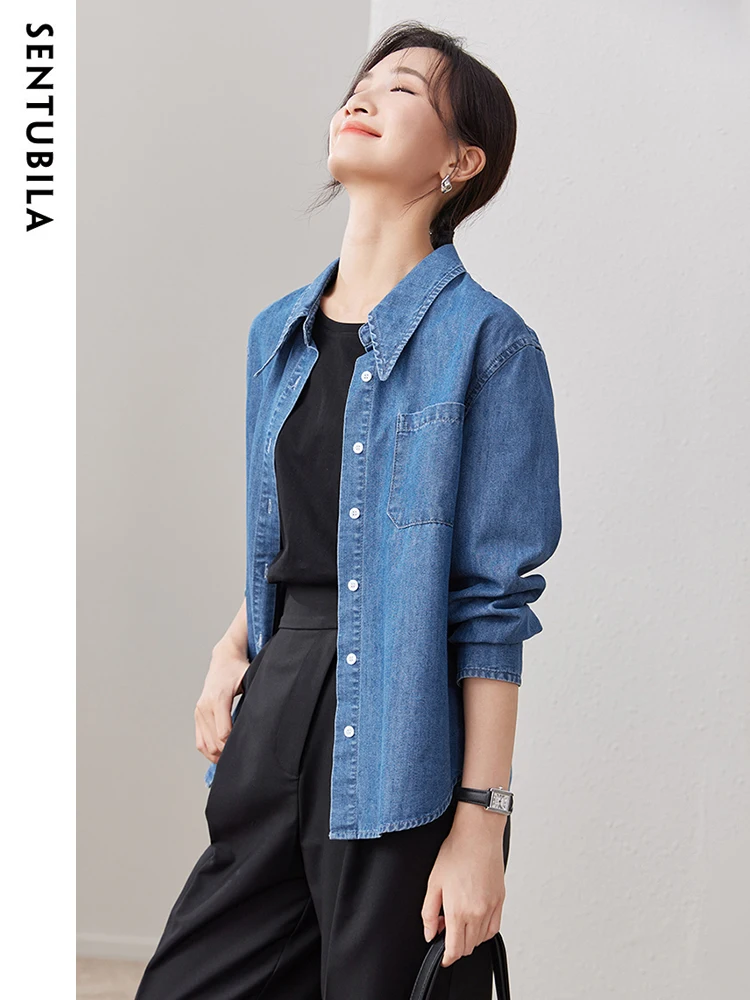 

SENTUBILA Long Sleeve Denim Shirt Jacket Women 2025 Spring Fashion Vintage Female Button Up Cotton Blend Shirts Woman W43C57998X