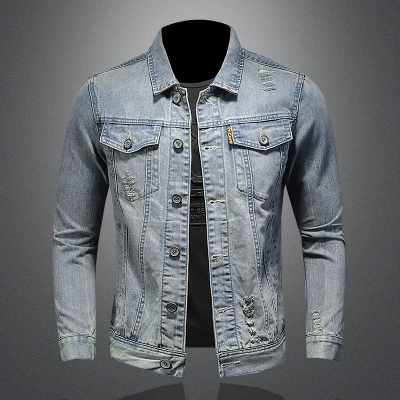 

Light Jacket Men's Denim Blue Ripped Denim Jacket European And American Fashion Casual Simple Denim Jacket