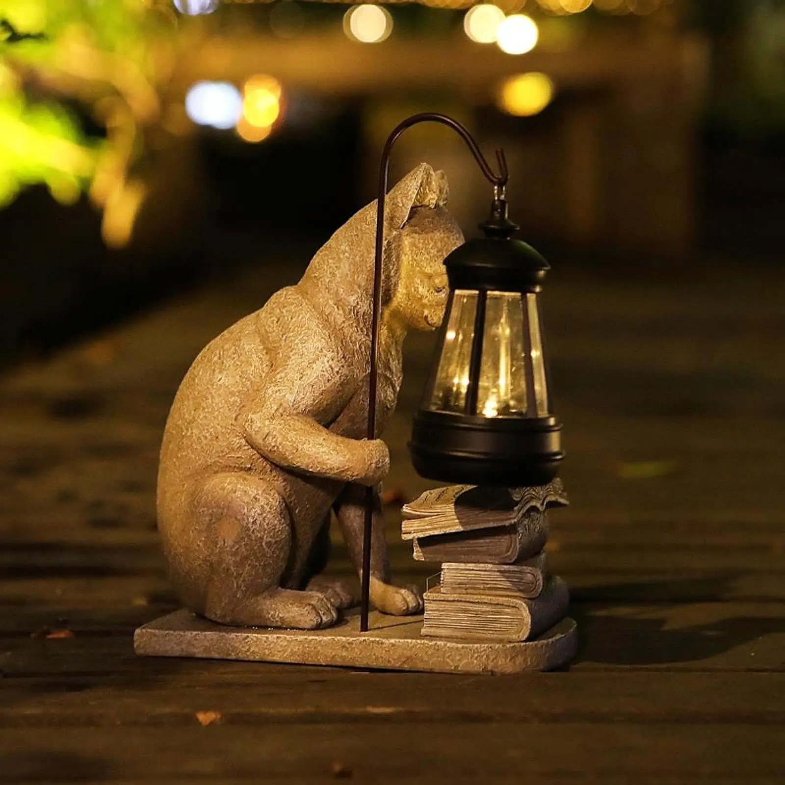 Cat Solar Garden Statue with Lantern Landscape Lighting Solar Light Artwork Lawn Ornament for Sidewalk Outside Patio Decor