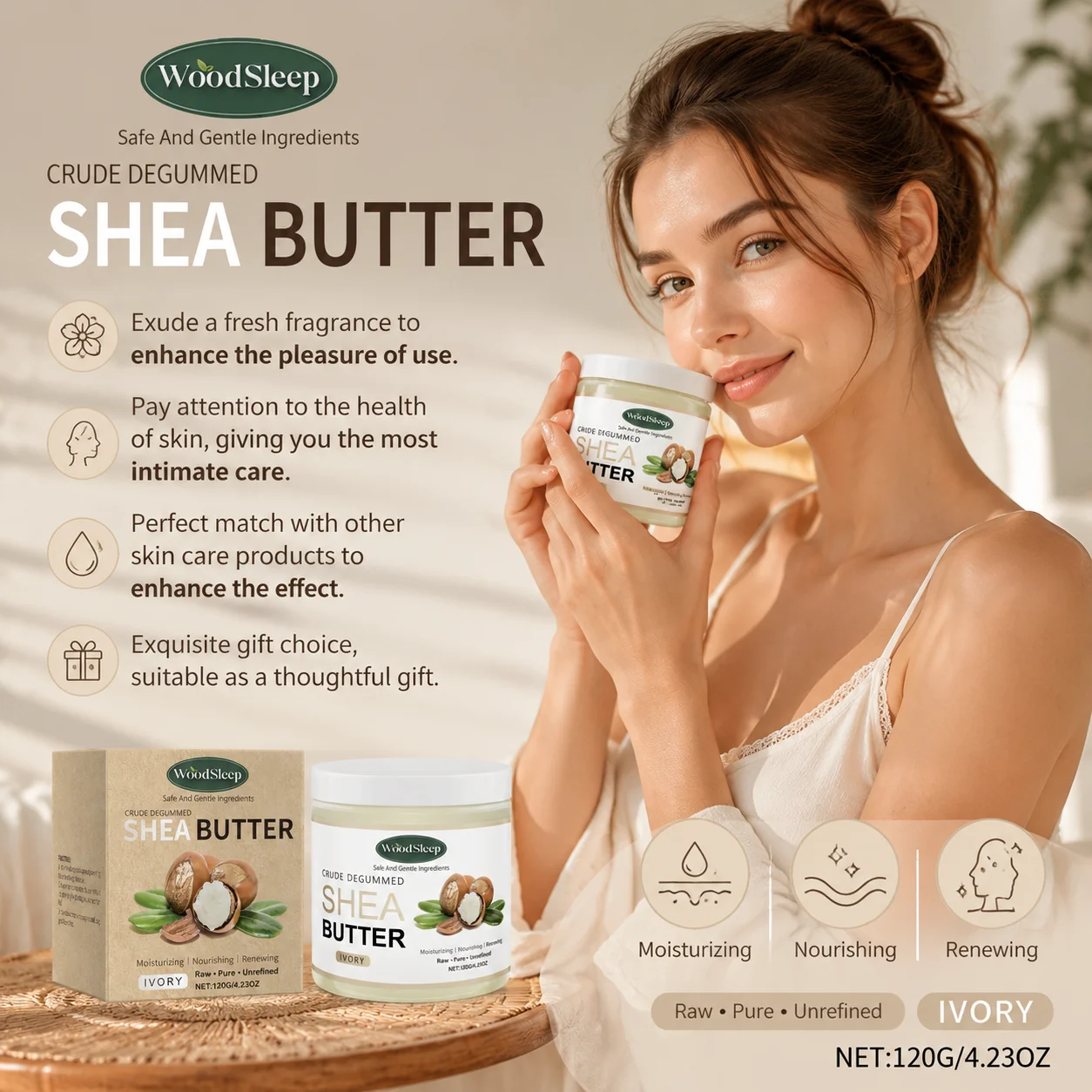 Shea Butter Organic Natural Soft Smooth Calming Skin Radiance Restoration Improve Dryness Moisturizing Cream for Face & Body