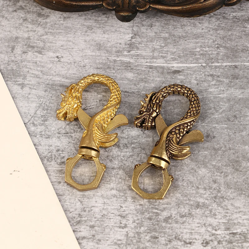 1Pc Solid Brass Zodiac Dragon Head Keychain Small Statue Chinese Mythical Beast Figurine Antique Home Feng Shui Decor Crafts