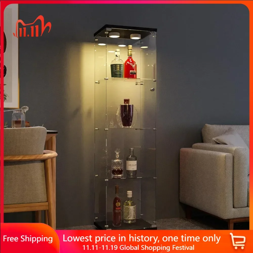 

64.7" H X 16.7" L X 14" W Display Cabinet with Glass Door and Light, 4-Tier Tempered Glass Displays Shelf, Display Cabinet