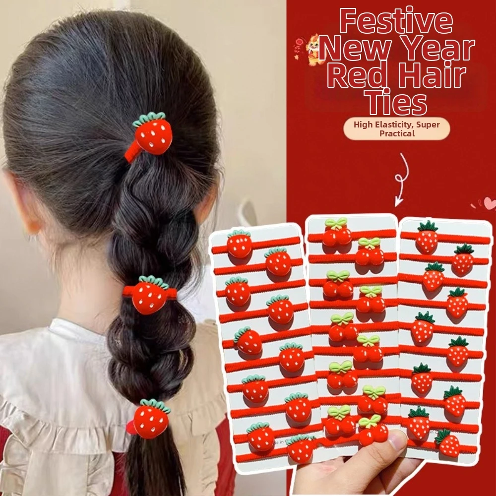 10pcs New Red Strawberry Hair Ties Enhances Daily Festive Styling Sweet Children's Hair Tie Cute Sweet Elastic Hair Bands Gift