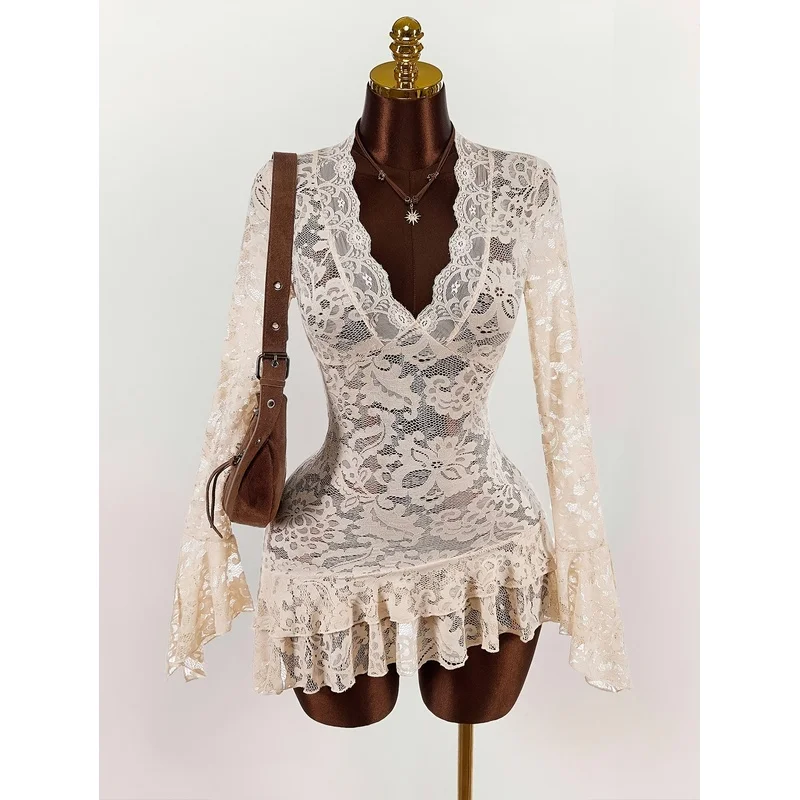 Millennial Vintage Solid Lace Top, Deep V-Neck Flared Sleeve, Cinched Waist Ruffled Hem, Sheer Crochet Detail