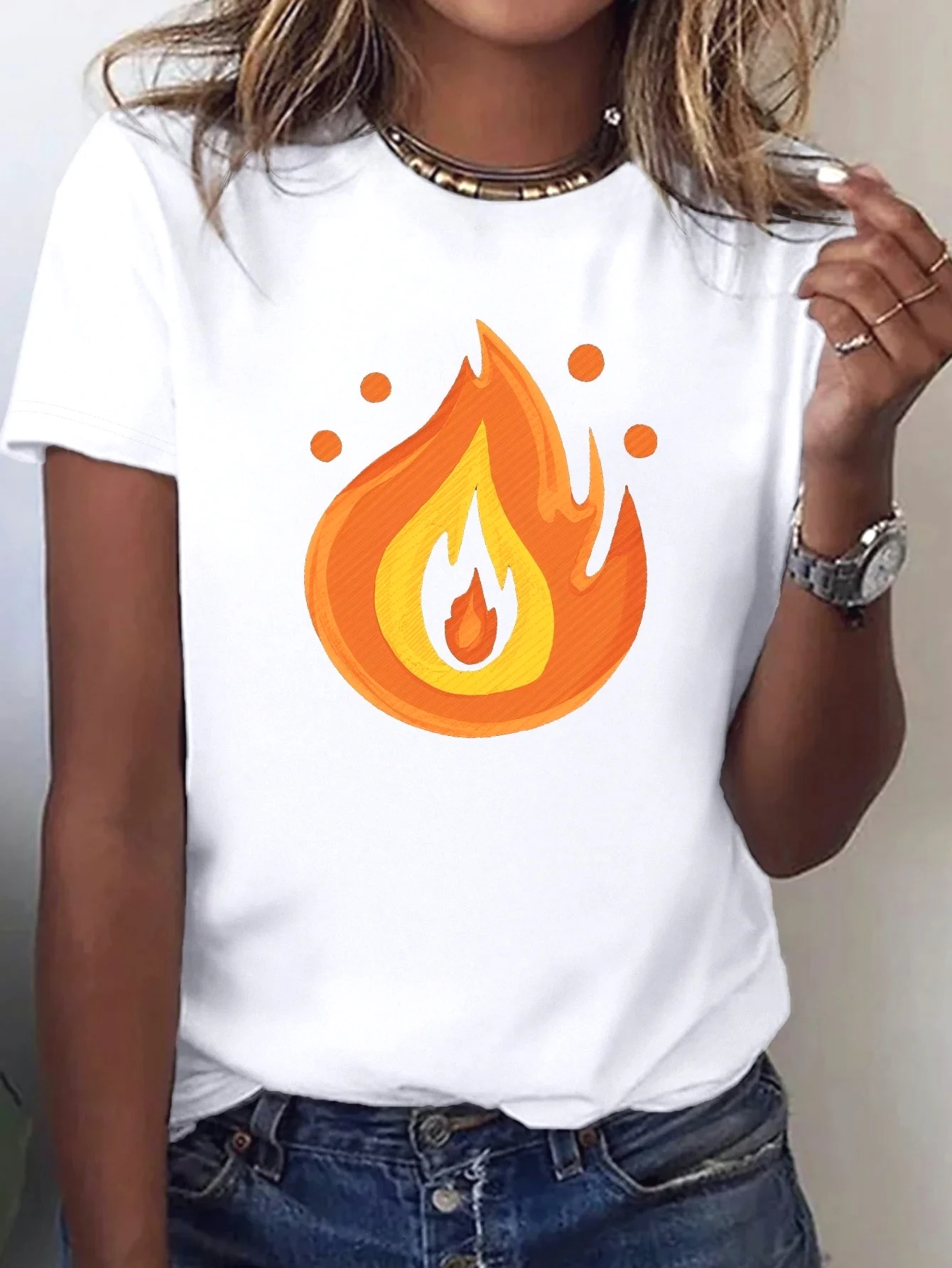 Abstract Flame Illustration Print Cartoon Women's T-shirt Comfort Short Sleeves Soft Summer Fashion Aesthetic Clothes