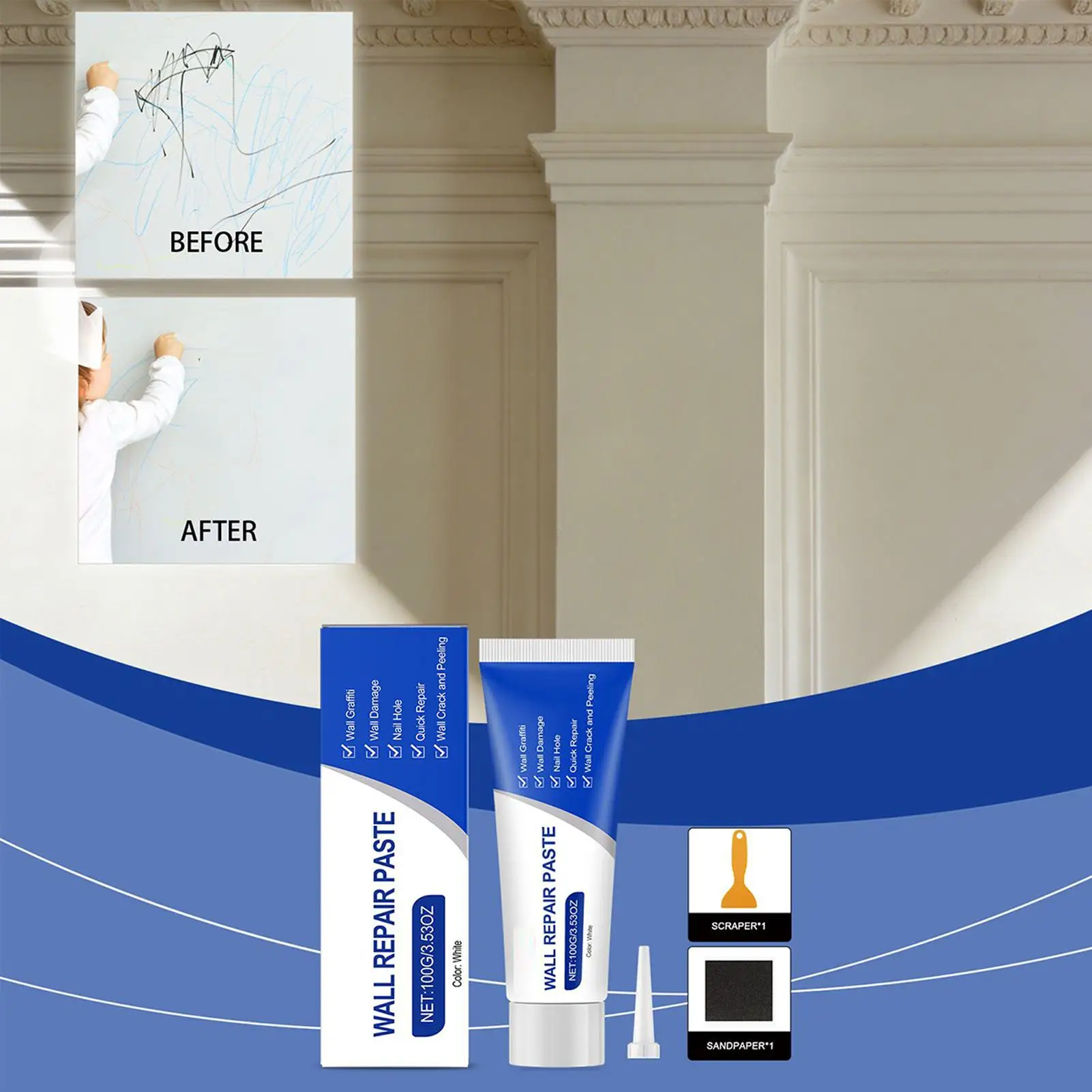 Wall Repair Cream with Scraper Strong Adhesion Mouldproof Water Proof Paint for Home Apartment Wall White Wall Restore Kit