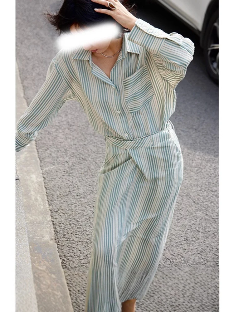 

Spring Autumn Stripe Fashion Two Piece Set Women Single Breasted Lapel Blouse+High Waist Lace Up Half Knee Length Skirt Outfit
