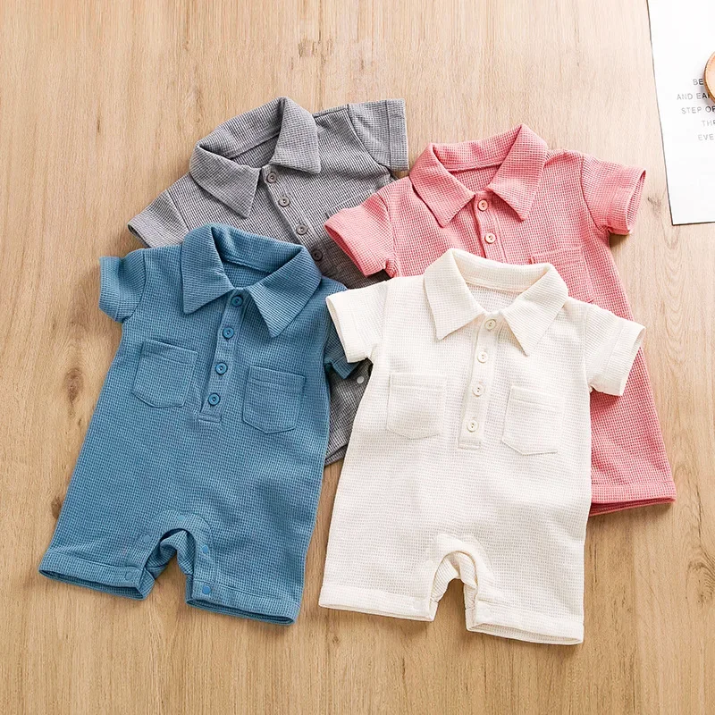 0-24M Newborn Baby Girl Solid Waffle Short Sleeve Jumpsuit Baby Unisex Boys & Girls Infant Tooling Bodysuit