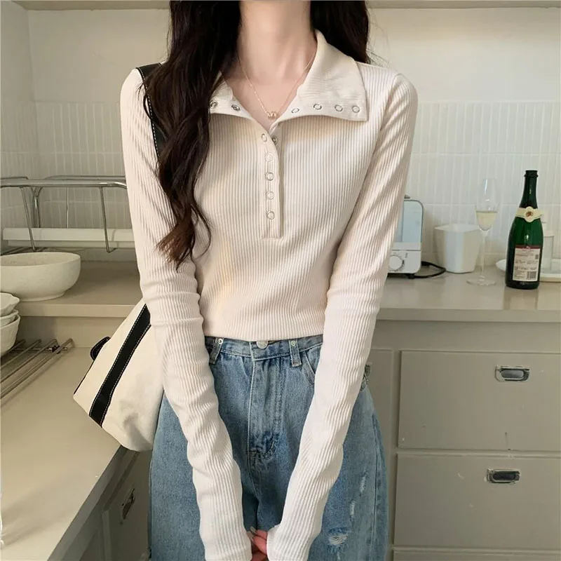 Korean Long Sleeve T-Shirt for Women Y2K Fashion Streetwear Slim V-Neck All-Match Tops Female Harajuku Button Bottoming Pullover