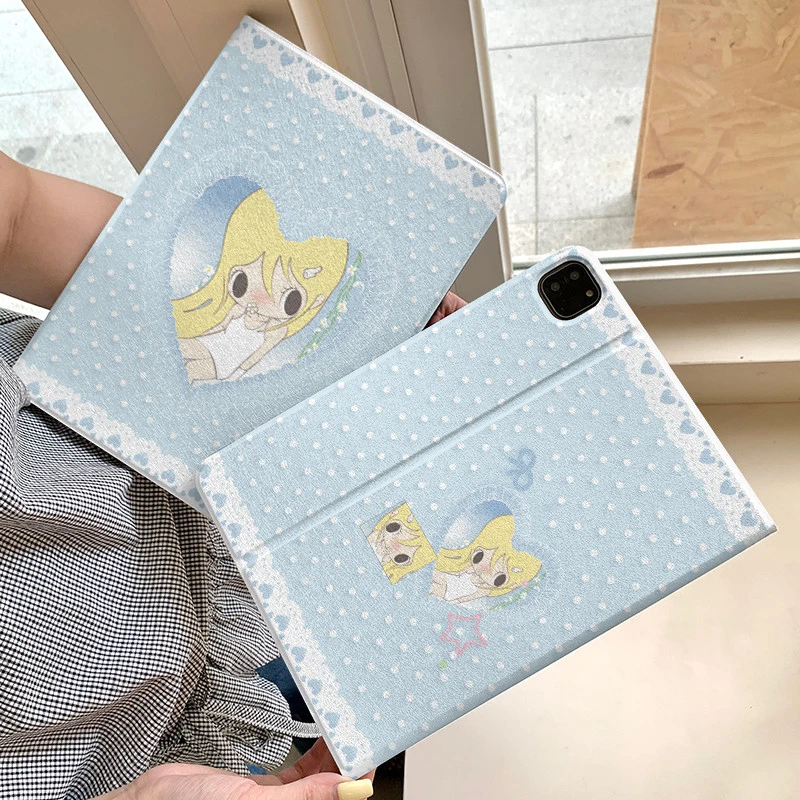 Cute Girl Polka Dot Blue Tablet Case For iPad Pro 11 12.9 13 A16 M2 M4 M3 M5 Shell 10.2 5/6/7/8/9/10/11th Mini Air 3 4 5 7 Cover
