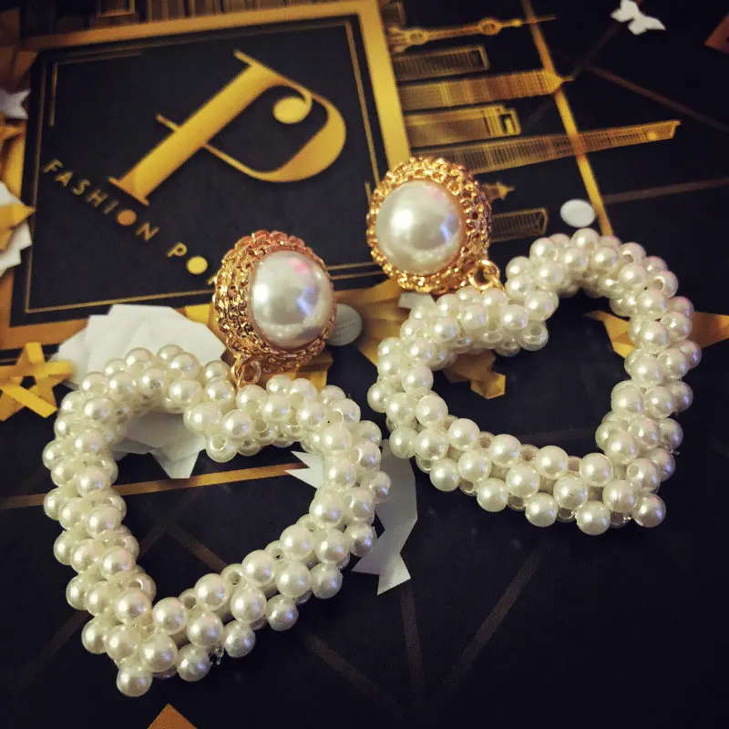 Fashion Luxury Brand Design Heart Earring Jewelry Handma De Pearls Heart-shaped Big Drop Earrings High-end Sense Jewelry