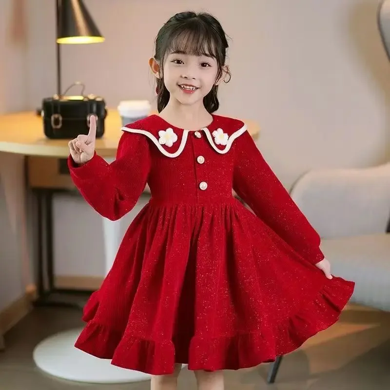 2025 New Arrival Girls' Fleece-Lined Winter Princess Red Dress - Stylish Lunar New Year Dress for 4-12 Years Old Kids