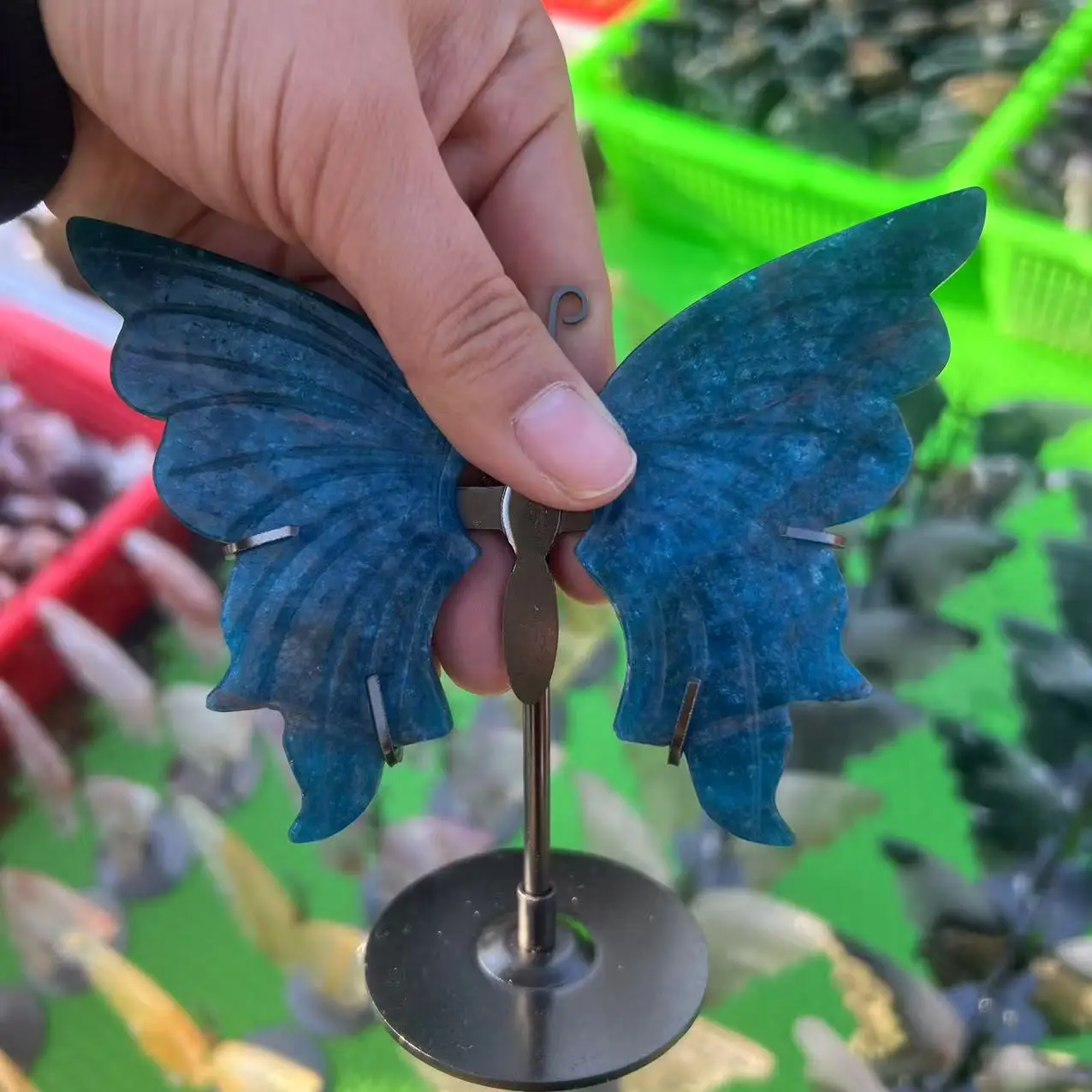 1 Pair Natural Crystal Blue Apatite Butterfly Wing Carving With Stand, Home Decoration, Ideal Choice For Gifts