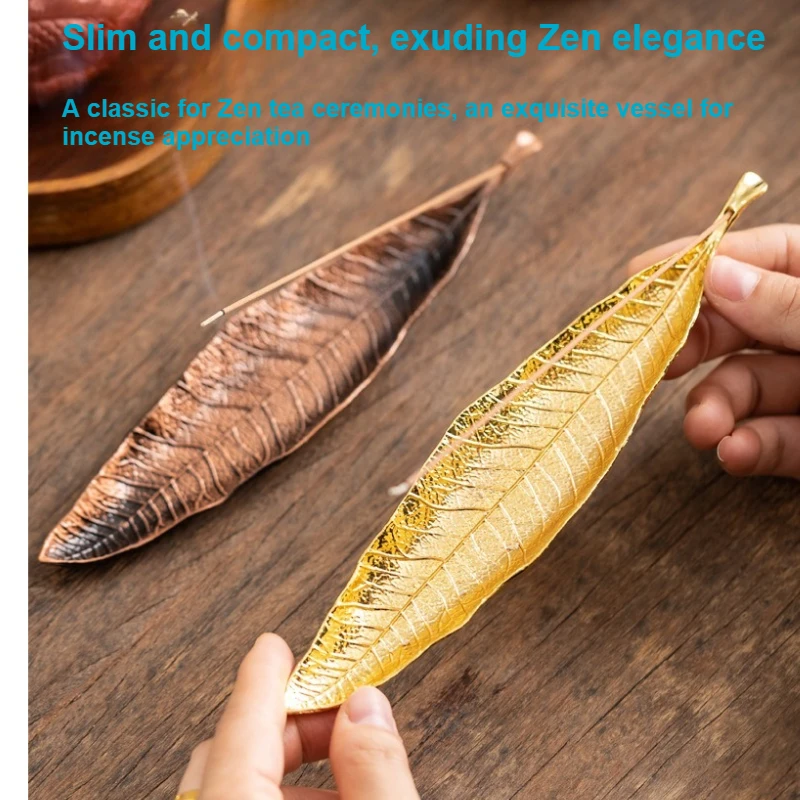 Golden Bodhi Leaf Metal Incense Holder–Elegant Unsculpted Incense Stick Burner for AromaRelax and Home Decor