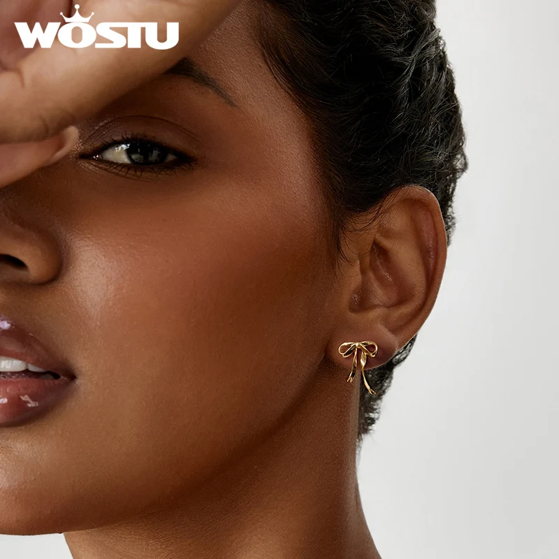 WOSTU Gold Bowknot Stud Earrings, 18K Gold Plated Copper Long Bow Ear Studs s925 silver backs Hypoallergenic Earring Party Gift