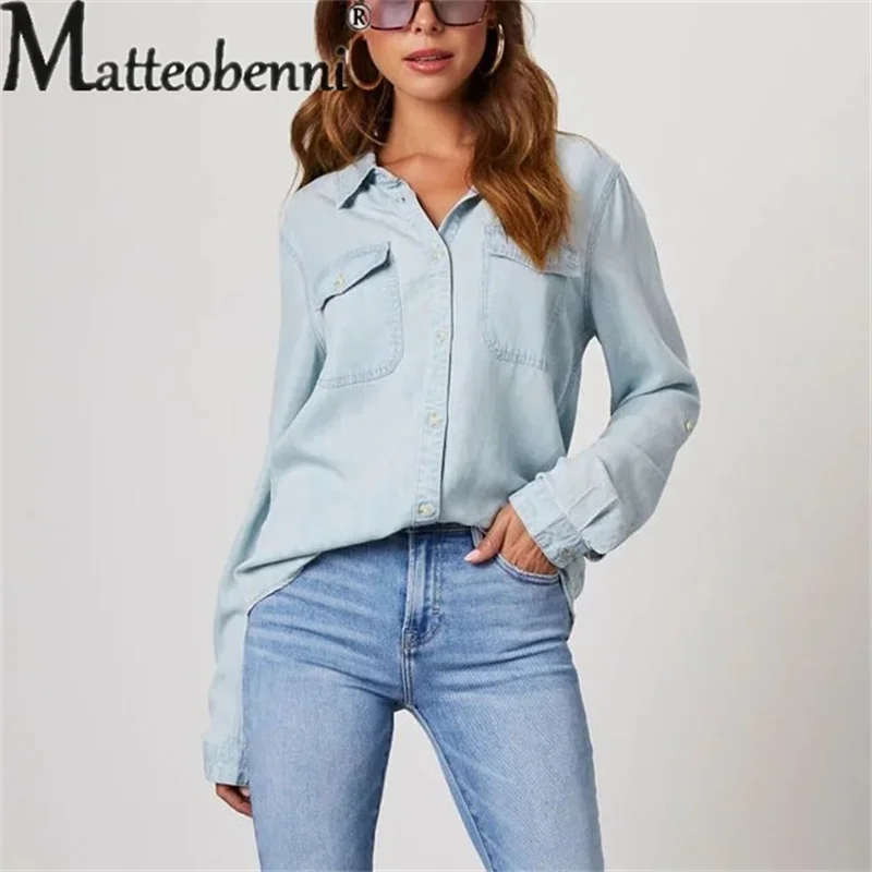 Autumn Thin Denim Shirt Women\'s Single-breasted Splicing Pocket Long Sleeve Lapel Tops Ladies Comfortable Commuter Casual Blouse