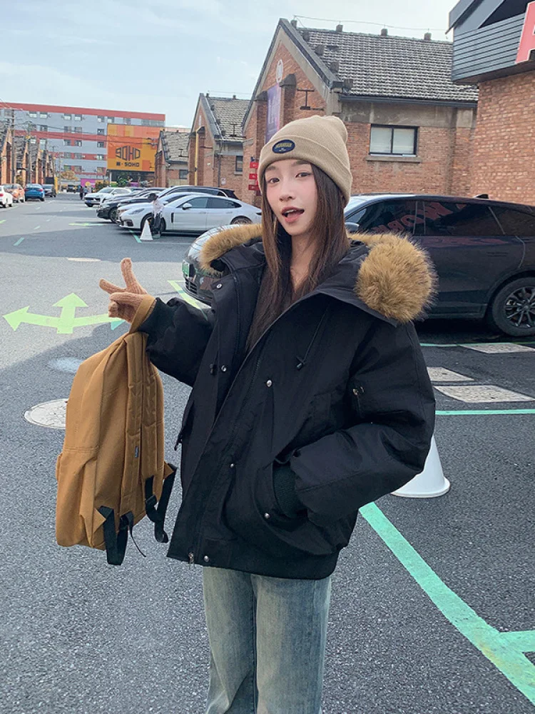 

Новое осеннее трансграничное зимнее пальто с меховым воротником и капюшоном, винтажная американская женская верхняя одежда Faion
