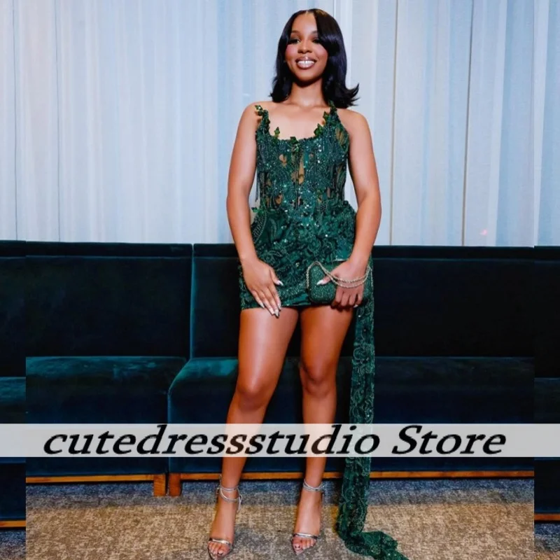 

Green Sleeveless Homecoming Dresses With Ground Tail Sparkle Beaded Crystal Mini Prom Dress Birthday Gowns For Women Customized